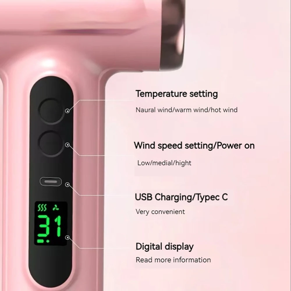 Wireless Rechargeable Hair Dryer with Detachable Nozzle, Cold Hot Wind, Negative Ions Care for Hotel and Outdoor Dormitory
