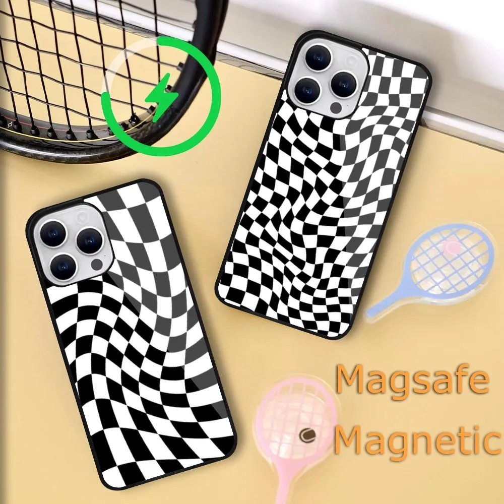 

Simple Black White Checkerboard Phone Case For iPhone 15 14 13 12 11 Plus Pro Max Magsafe Magnetic Wireless Charging