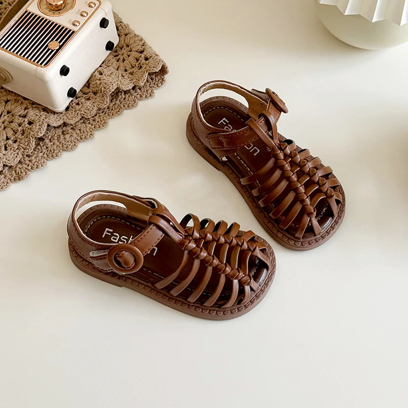 Student Woven Shoes Girls Princess Sandals Elementary School Shoes New Baotou Soft-soled Beach Shoes Roman Shoes For Children