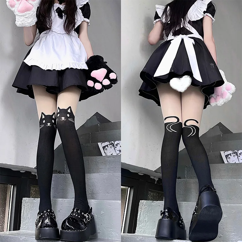 

Lolita Cat Print Splicing Stockings Japanese Cute Student Girl Two-dimensional JK Uniform Animal Bottom Pantyhose for Women