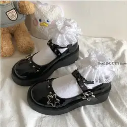 Nieuwe Lolita Schoenen Vrouwen Hakken Platform Mary Janes Ster Gesp Mary Janes Vrouwen Cross-gebonden Meisjes Klinknagel Casual Kawaii schoenen