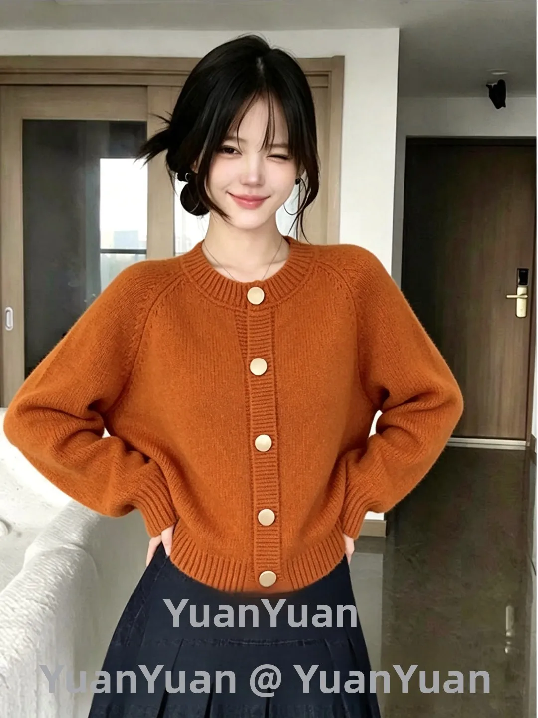 Ladies Red Knitted Open Cardigan Slimming Warm Spring Autumn round Neck Single Button Sweater Trendy Casual Style Polyester F...