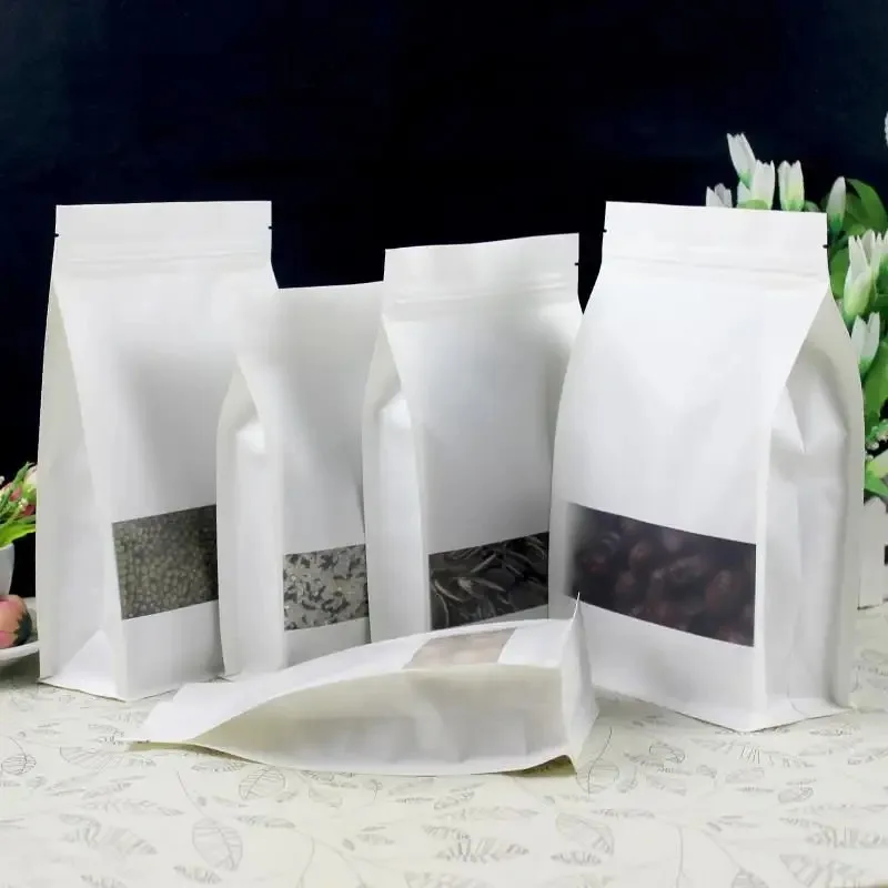 Bolsa de embalaje con cierre de cremallera, ventana de papel blanco 3D, bolsas de almacenamiento resellables para aperitivos, galletas, té, café, especias, azúcar y nueces