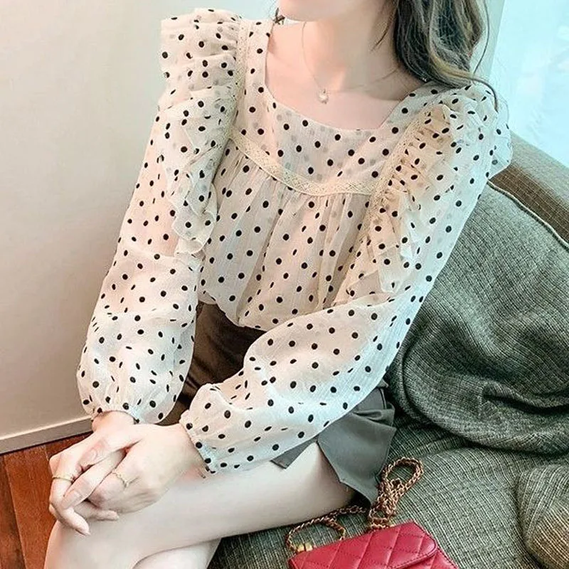 Babados gola quadrada solto retalhos primavera verão senhoras blusa coreano polka dot impressão manga puff fina roupas graça chiffon