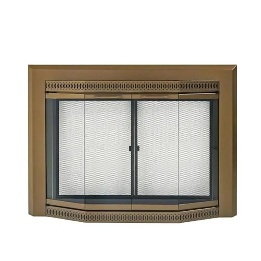 Small Heritage Brass Glass Fireplace Doors Energy Efficient Rigid Mesh Panels Bay Design Hidden Damper Knob 38.75"L x 28"W