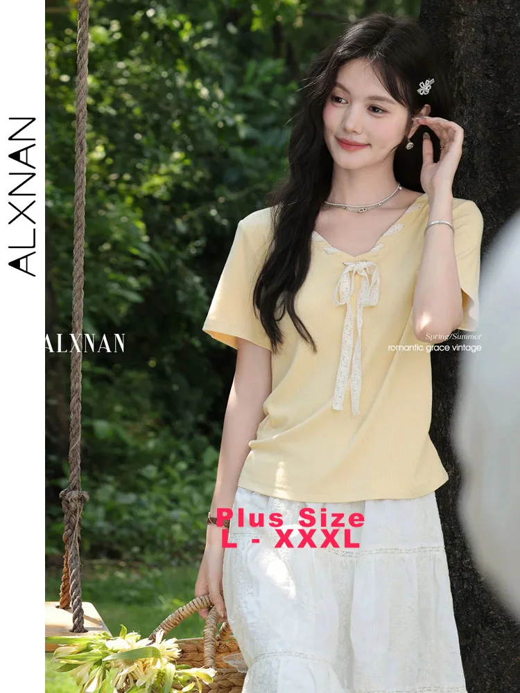 

ALXNAN женские футболки больших размеров с v-образным вырезом на шнуровке, шикарные футболки, лето 2025 г., повседневные офисные женские топы с короткими рукавами D11913