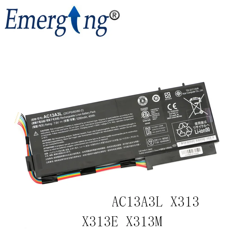 7.6 فولت 5280Mah الأصلي AC13A3L بطارية الكمبيوتر المحمول لشركة أيسر AC13A3L ترافل ميت X313-M سلسلة C1-Y1-a21 2ICP5/60/80-2