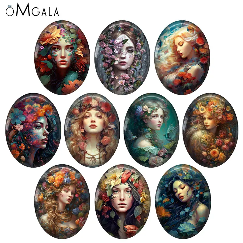 New Fashion Flower Girls Art Paintings Mix 13x18mm/18x25mm/30x40mm Oval photo glass cabochon demo flat back Making findings