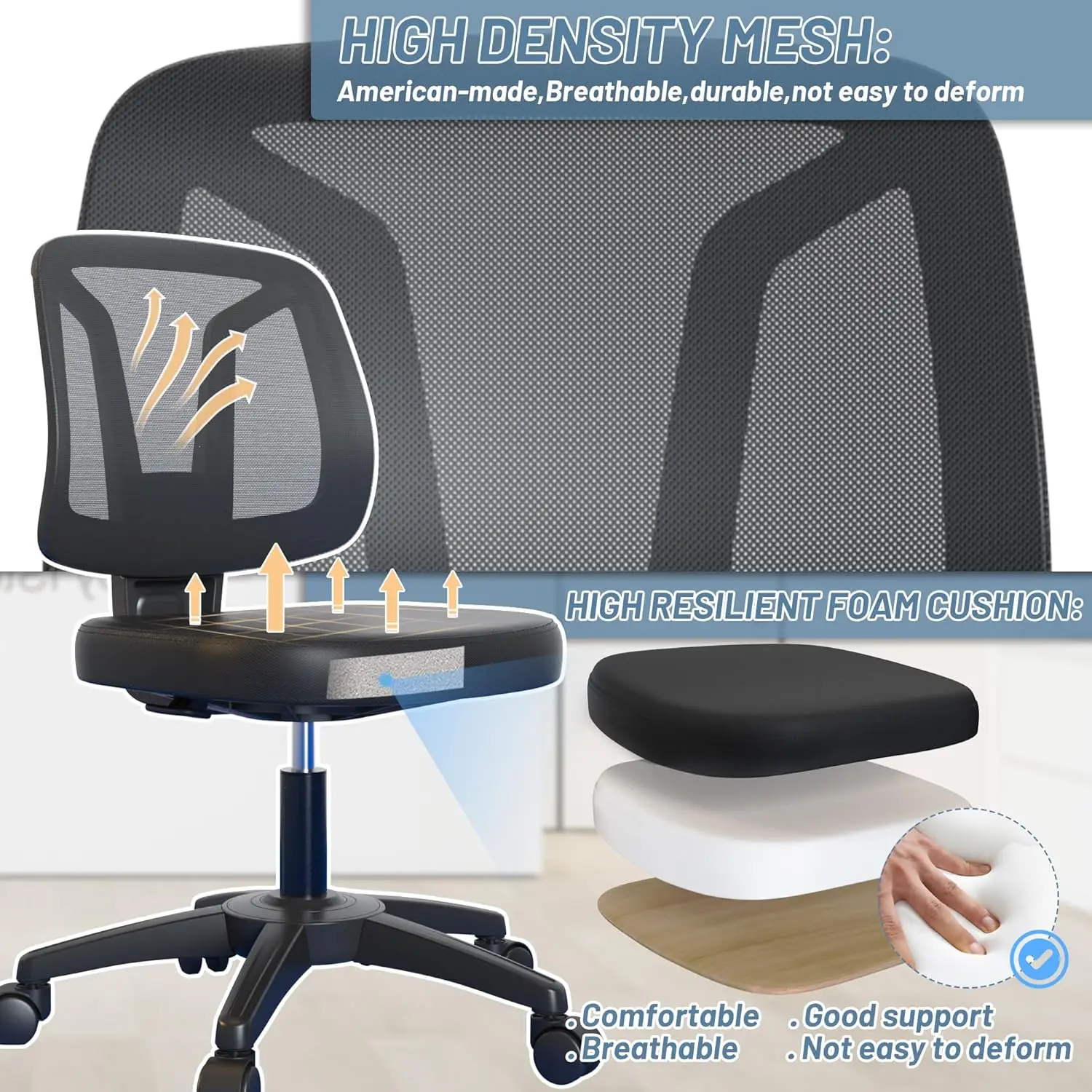 

Armless Comfortable Swivel Office Desk Chairs No Arms With Rolling Wheels And Lumbar Support For Student Adults