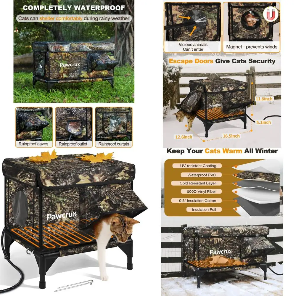 

Winter Outdoor Insulated Heated Cat House with Safe Entry for Stray Cats, 12.6x16.5x16.9, Leaf Green