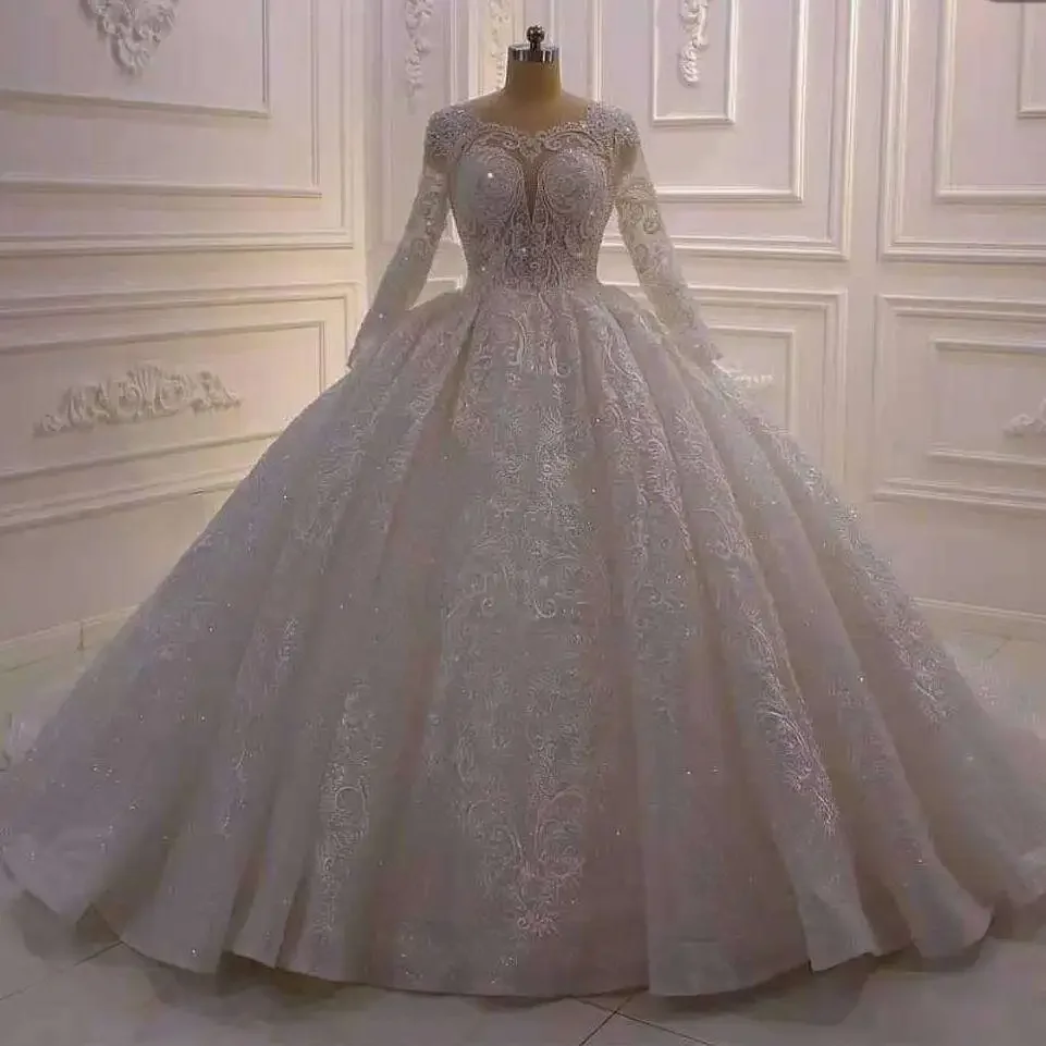 

Customized Luxury Scoop Neck Appliques Lace Wedding Dress Sweep Train Vestido De Casamento Full Sleeves Ballgown Beaded Br