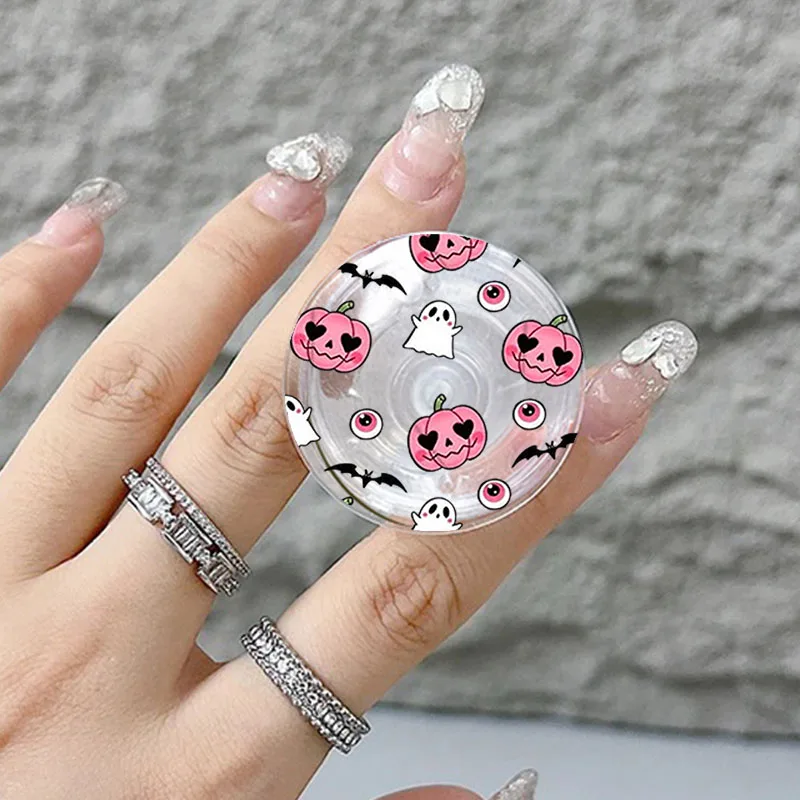 Korean Cute Funny Halloween Pumpkin Ghost Bat Pattern Clear Phone Stand Holder Grip Tok Griptok for IPhone17 Samsung S25 Bracket