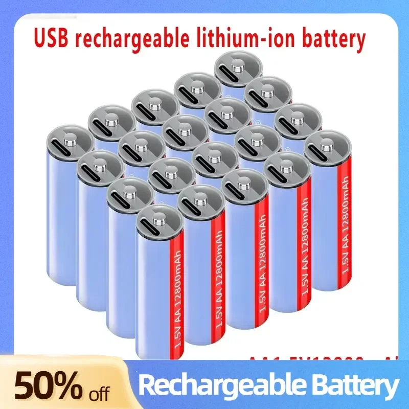 High-quality 1.5V 12800mAh AA Rechargeable Lithium-ion Batteries with USB-C Fast Charging Suitable for Clocks Toys and Mice