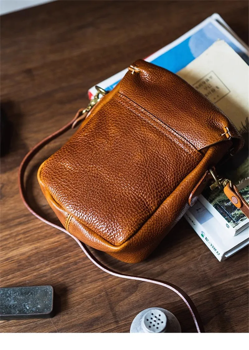 Retro handmade first layer cowhide men's small phone bag outdoor casual fashion designer genuine leather shoulder crossbody bag