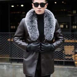 2022 Winter New Shearling Leather Elegant Long Coat Men's Fox Hair Collar Imitation Fur Design Luxury Trendy Thermal Jacket