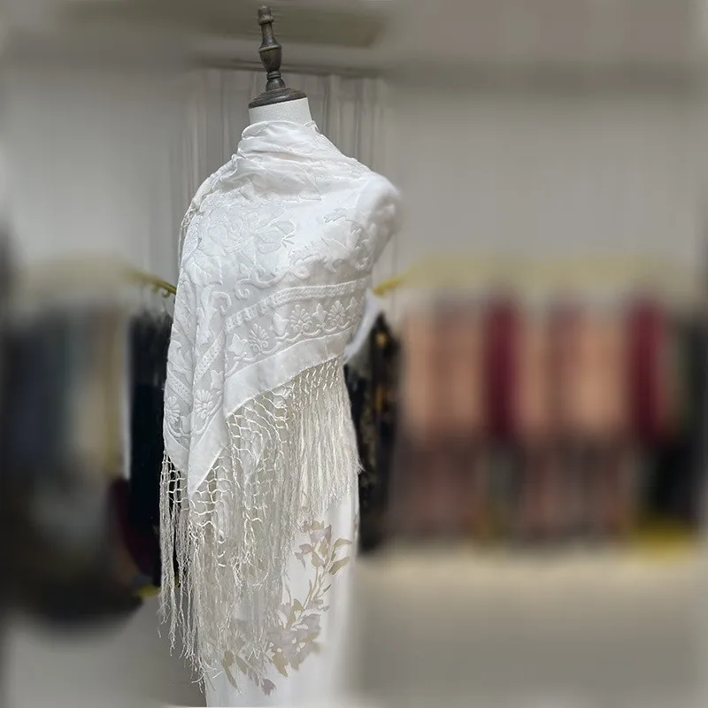 새로운 얇은 실크 조젯 단색 꽃무늬 숄 태슬 자외선 차단 벨벳 카버