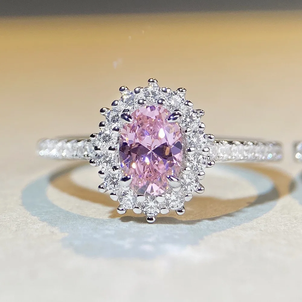 

925 Sterling Silver Pink Diamond Ring, Women's Instagram Style Simple and Versatile Snowflake Ring, High Carbon Diamond