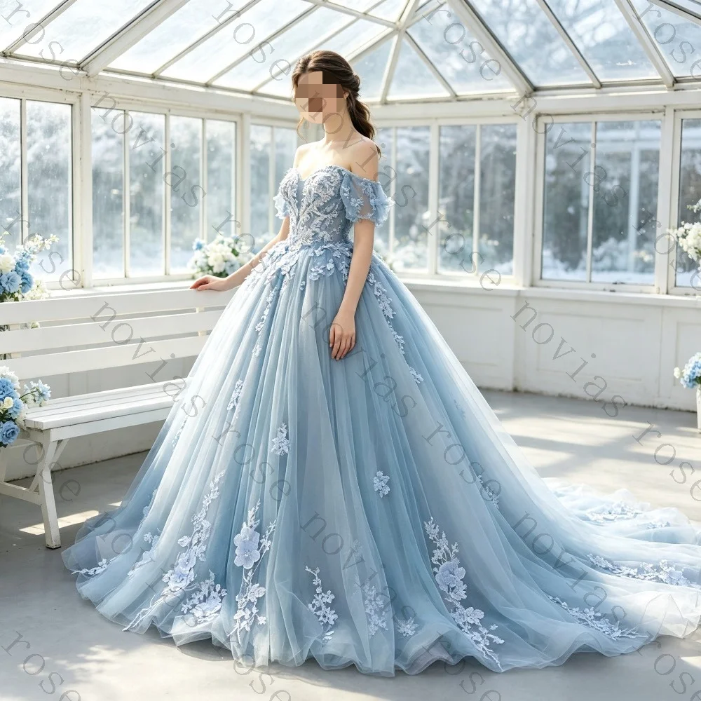 Customized Luxury Blue Off Shoulder Fluffy Princess Wedding Dress 2026 New Sweetheart Lace Applique Ruffled Chiffon Bridal Gown