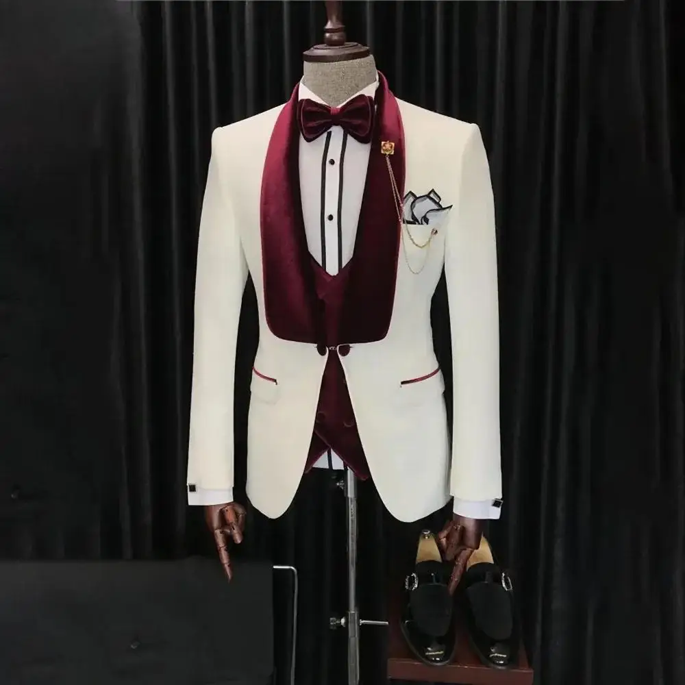 Blazer Suit For Men 3 Piece Outfit Set Suits High Quality 2024 Pants Party Wedding Tuxedo Jackets Vest Costume Beige Fashion Rad