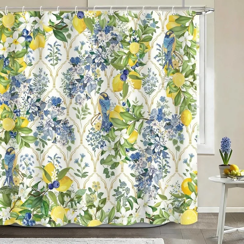 Waterproof Lemon Bird Flower Print Shower Curtain No Drill Bathroom Decor with 12 Hooks Fabric Polyester Hotel Home