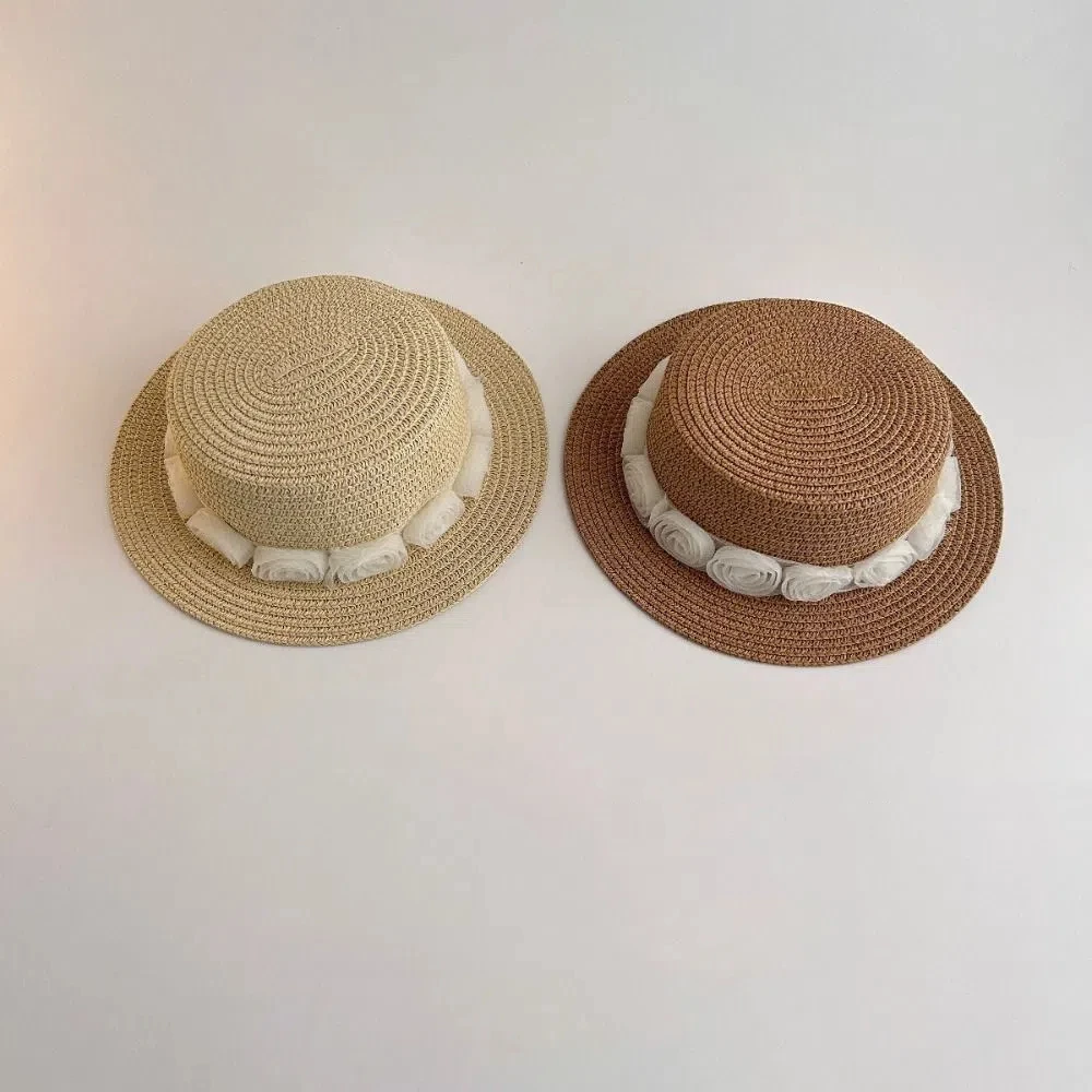 Ins Summer Baby Straw Caps French Vacation Flower Lace Straw Hat Beach Travel Children Sun Hat 2-6 years