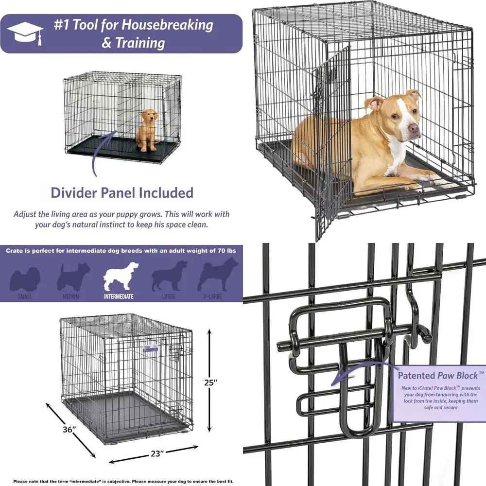 

41-70 lb Medium-Large Dog Crate, 36-Inch, Single Door, Divider Panel, Leak-Proof Tray, Portable & Easy Assembly