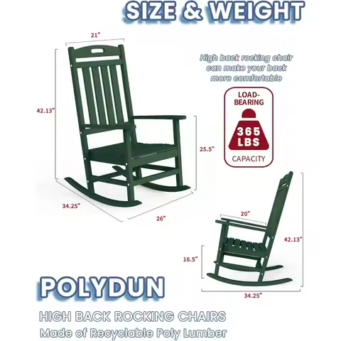 Pair of High-Back HDPE Outdoor Rocking Chairs, Weather-Resistant Patio Rockers for Deck, Porch, and Backyard.