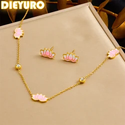 DIEYURO 316L Stainless Steel Pink Lotus Round Zircon Flower Necklace Earrings Set For Womens Girl New Trend Fashion Jewelry Gift
