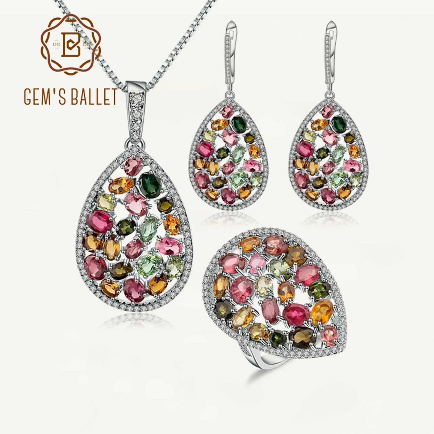 

GEM'S BALLET Natural Tourmaline Ring Earrings Pendant Set 925 Sterling Silver Handmade Coloured Gemstone Jewelry Set For Women