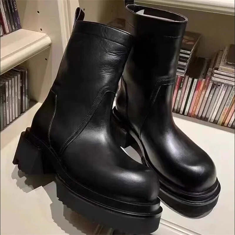 Designer Catwalk Exclusive Thick Sole Genuine Leather High Top Platform Boots Bulldozer Thick Soled Men Tank Boots Plus Size 45