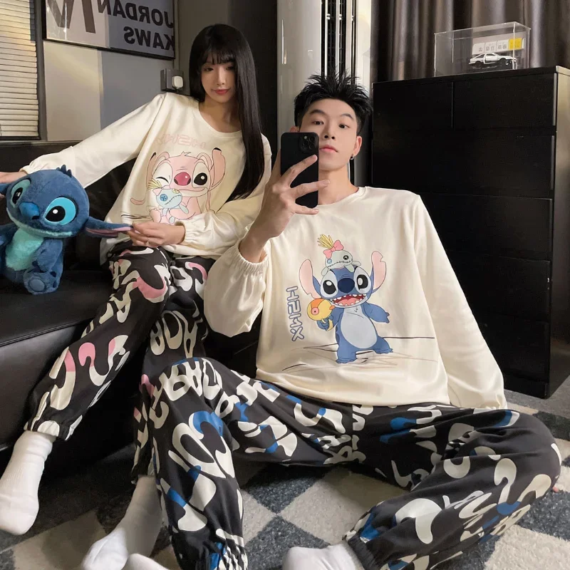 Disney Stitch Couple Pajamas Autumn with Chest Pad Crew Neck Long Sleeve Pants Two-piece Women's Pajamas 50% OFF Loungewear