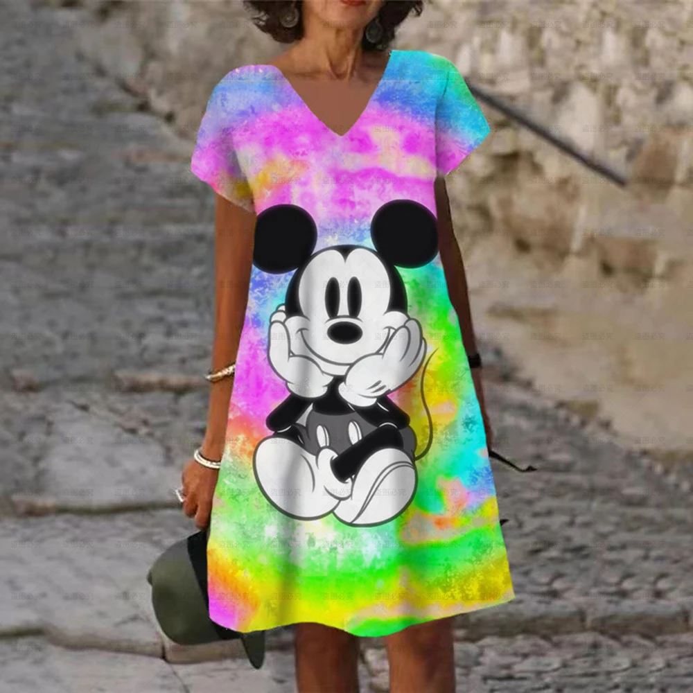 

Women's Casual Dress Summer Mickey Mouse Print V Neck Short Sleeve Midi Dress Tie Dye Drawing Fashion Plus Size Dress Vestidos