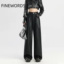 FINEWORDS Vintage Solid PU Pants Women Casual Streetwear Pleated High Waist Pants Full Length Korean Punk Loose Wide Leg Pants