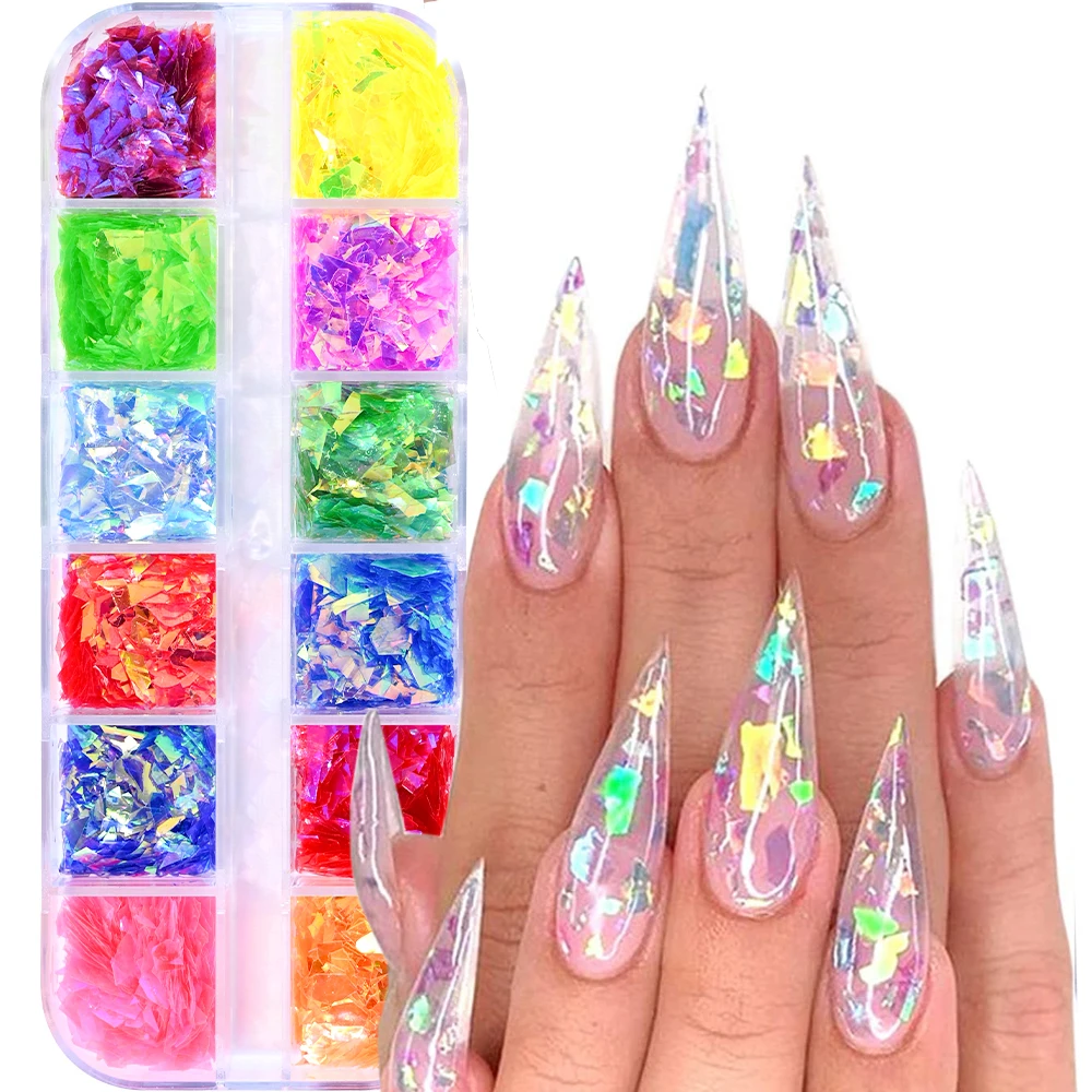 12Grids Holographic Mermaid Nail Art GlitterIrregular Rainbow-Candy Color Nail Art Flakes Sequins Gradient Bright Nail Sequin