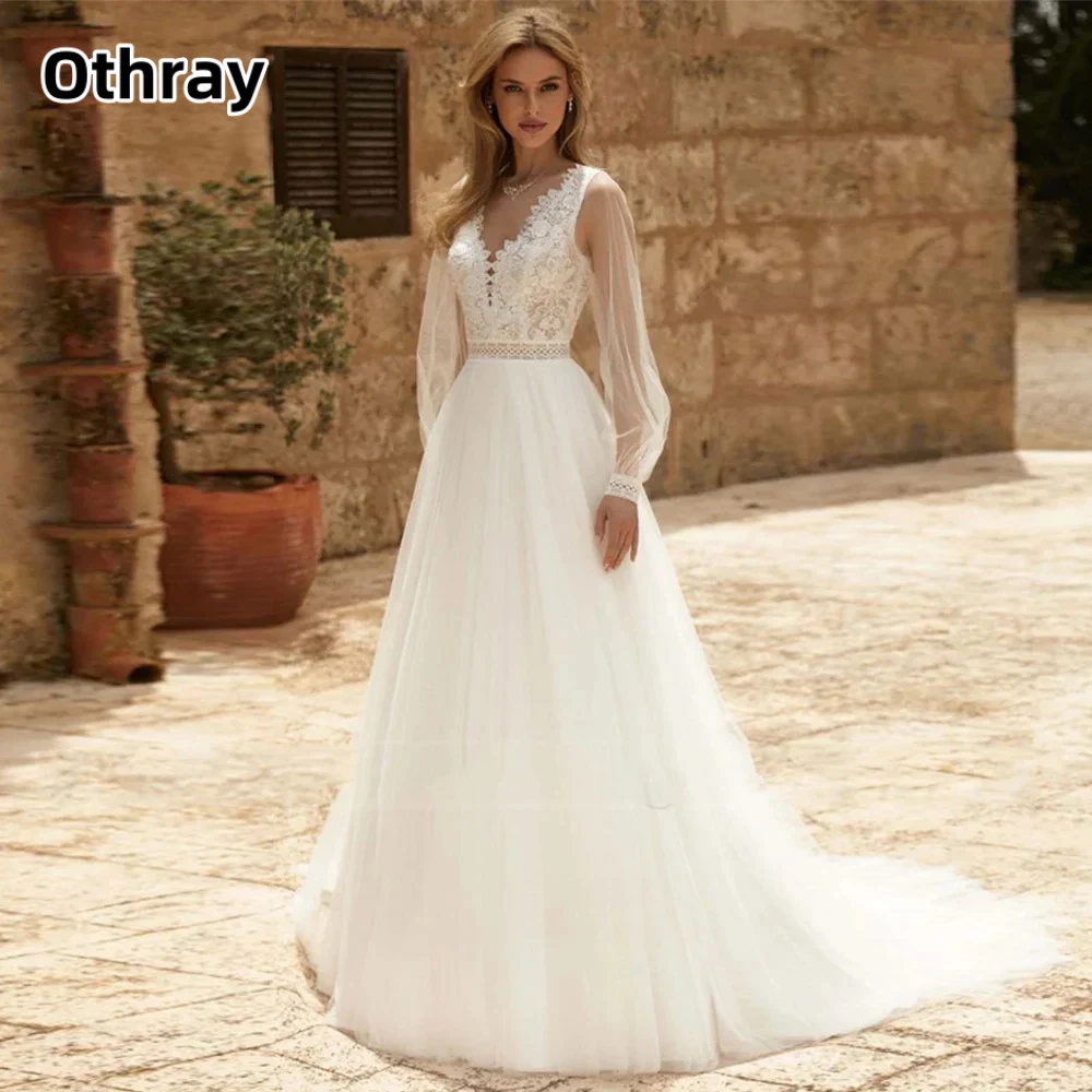 

Othray Boho V-neck Wedding Dress Tulle Lace Applique Princess Party Dress Long Sleeve Backless Bohemian vestido de novia