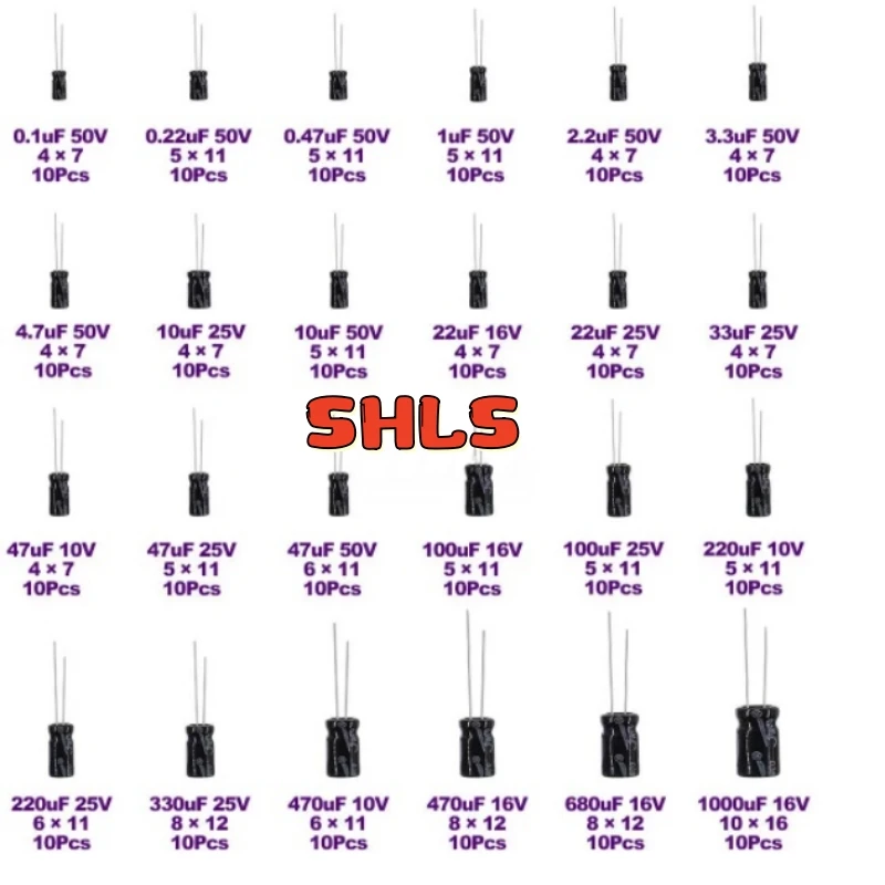 240PCS Assorted Electrolytic Capacitors Set 0.1uF–220uF 24Values 10V–50V DIY Electronics Repair Kit Mixed Pack