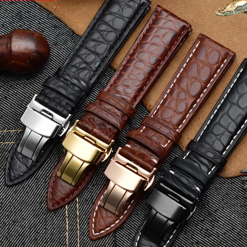 Crocodile Skin Genuine Leather Watch Strap for Longines Famous Masters Omega Men Women Butterfly Clasp 16 18 20 22mm Accessories