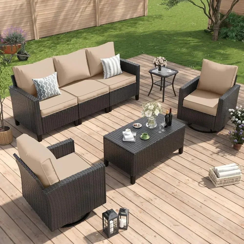 All-Weather Wicker Outdoor Sectional Sofa Set with Swivel Rocker Chairs, Storage Coffee Table, Waterproof Cover for Patio, Deck