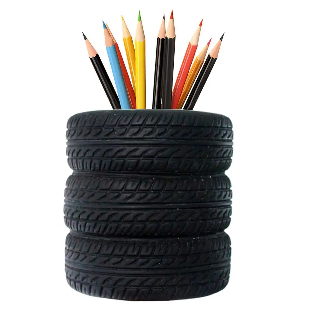 8.5cm Pen Holder 3-Layer Car Tire Design Black Rubber Pen Holder Desk Organization Stationery Storage Bottle Organization Tool