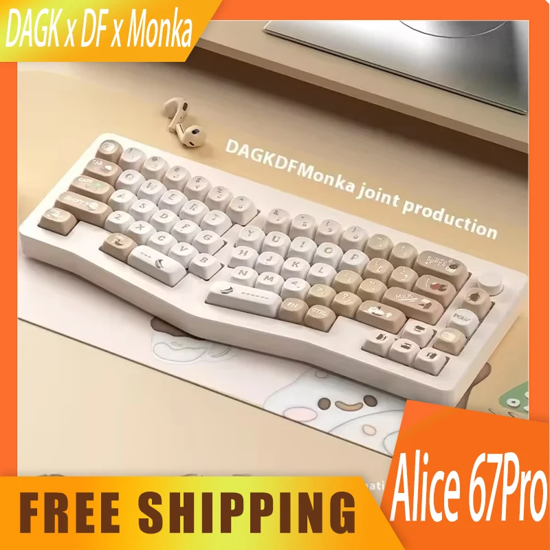 

Механическая клавиатура DAGK x DF x Monka Alice 67Pro, Беспроводная игровая клавиатура из алюминиевого сплава с тремя режимами, с 67 клавишами