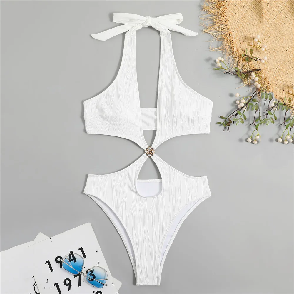 

Solid White Textured Swimwears Halter Backless Sexy Swimsuit Woman 2025 One Piece Hollow Out High Cut Monokini Diamonds Bather