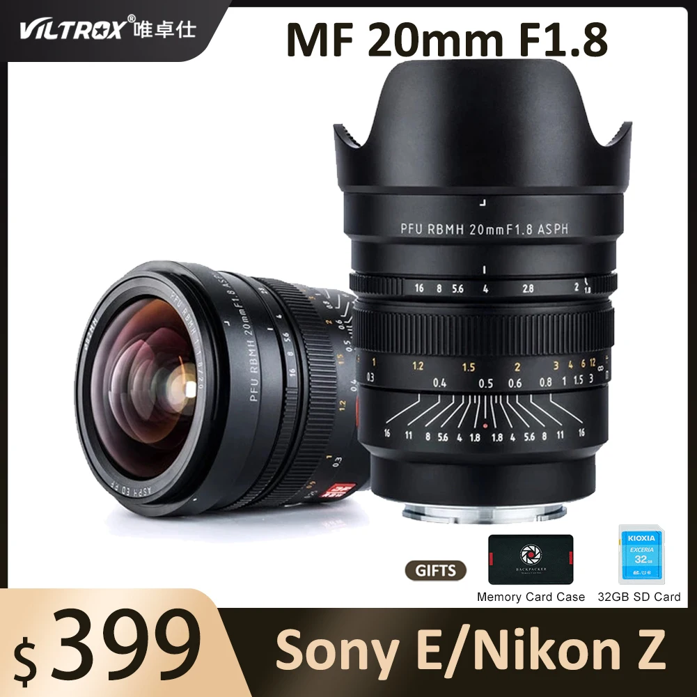 

VILTROX 20 мм F1.8 ASPH Полнокадровый широкоугольный основной фиксированный фокус ручной фокус для Sony E Mount A9 A7R A7IV Nikon Z Z6 Z6II Z7 Z7II