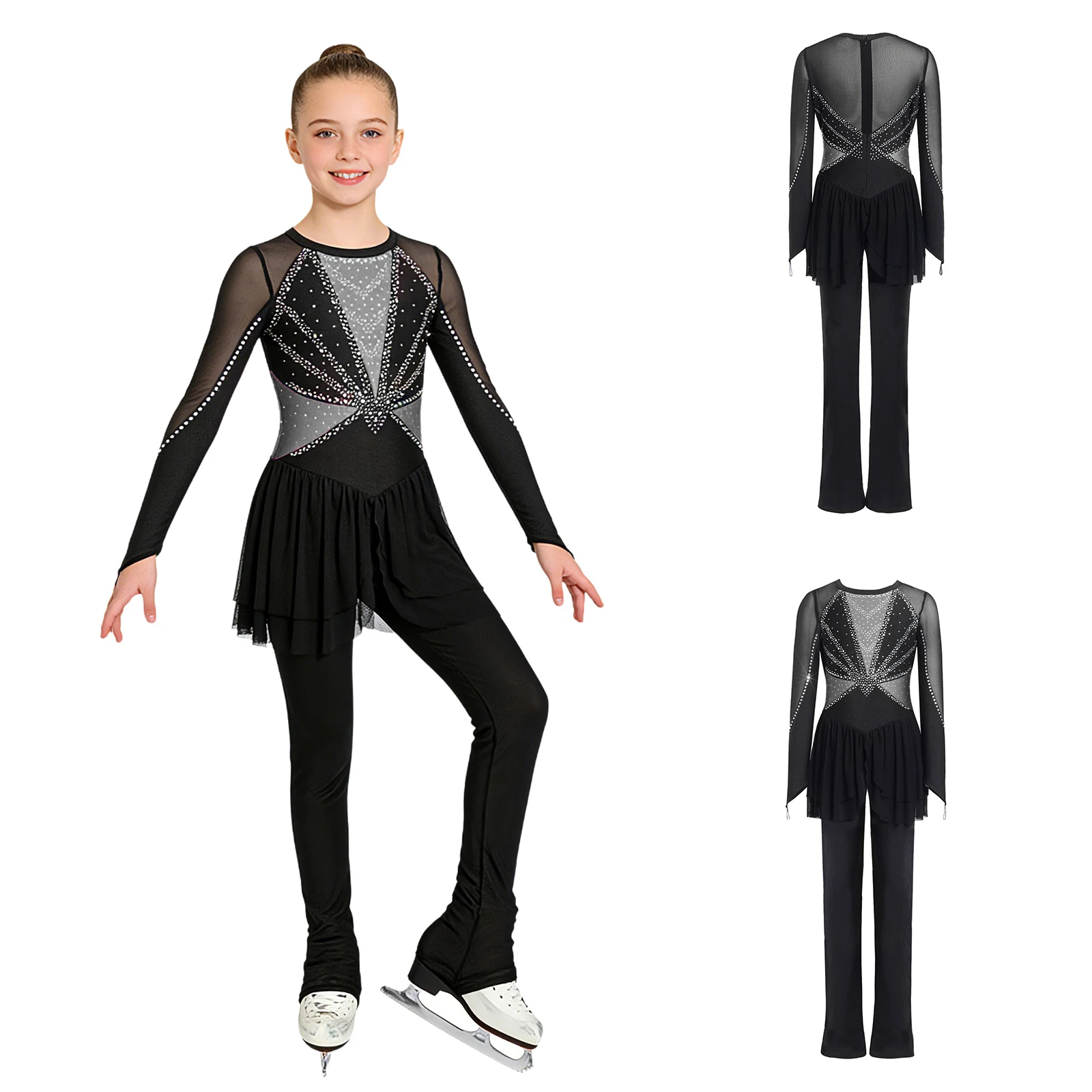 

Kids Girls Figure Skating Lyrical Gymnastics Jumpsuits Dress Competition Costume Mesh Rhinestones Dance Leotards Full Bodysuit