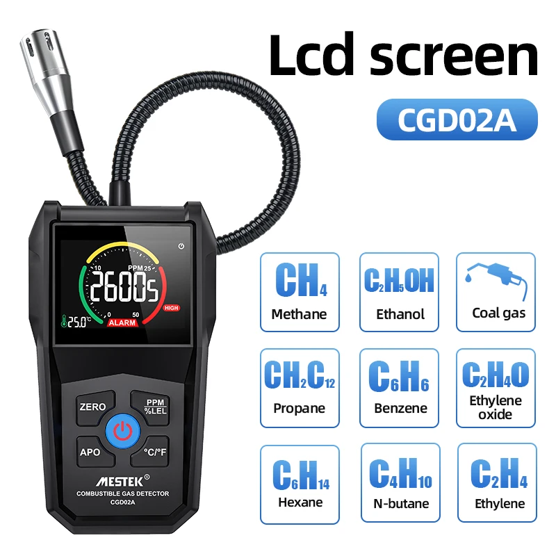 เครื่องตรวจจับก๊าซ CGD02A ติดไฟได้เครื่องวิเคราะห์เครื่องตรวจรอยรั่วแก๊ส50000 PPM 100% LEL หน้าจอ LCD เสียงและแสงเครื่องวิเคราะห์ก๊าซ