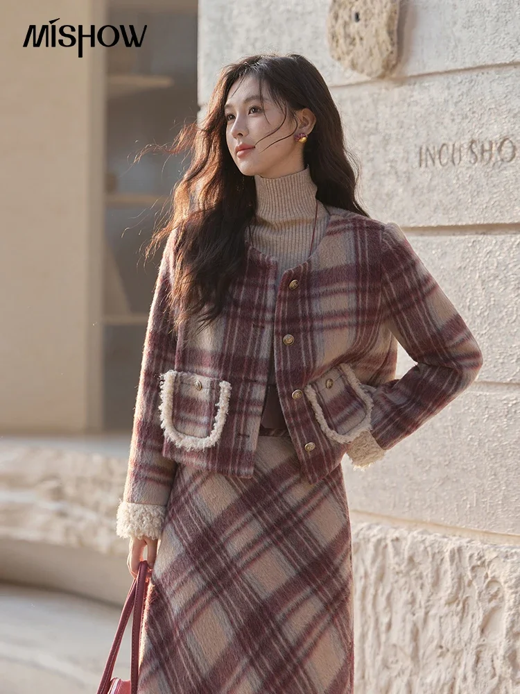 MISHOW Plaid Tweed Jacket Midi Skirt Separately Women 2024 Winter Korean Gentle Thick O-Neck Jacket Straight Skirt MXD54W0562