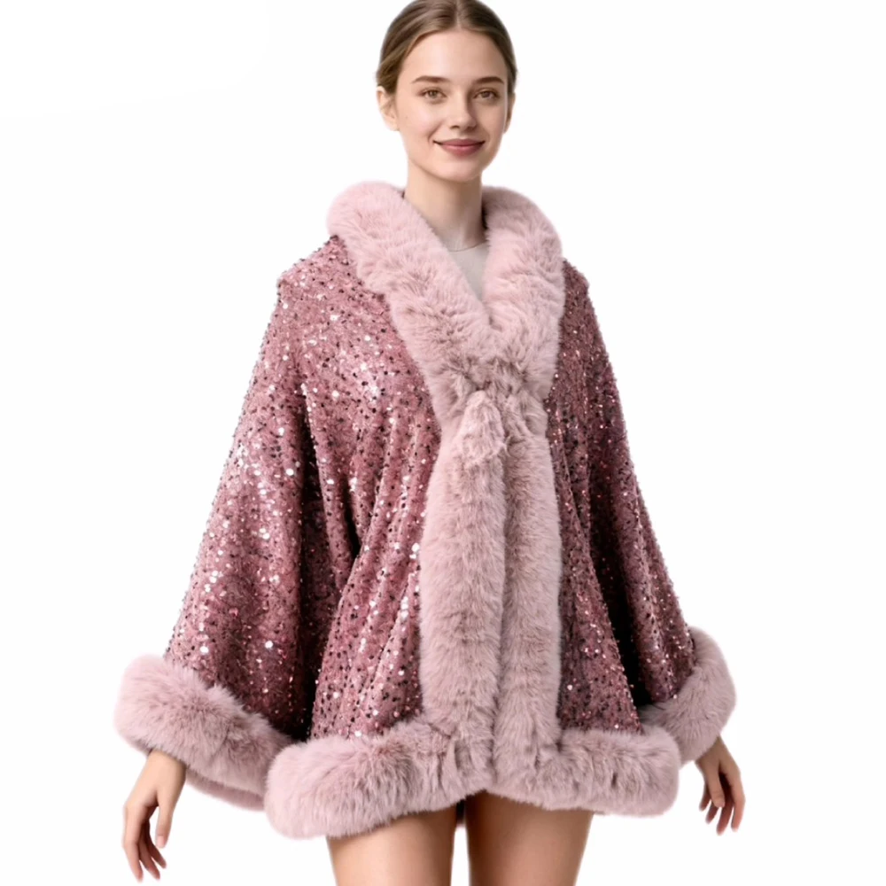 

Пальто из искусственного меха для женщин, свободное пальто, новинка 2025, модное утолщенное длинное зимнее пальто из искусственного меха с блестками, женская пушистая куртка-плащ