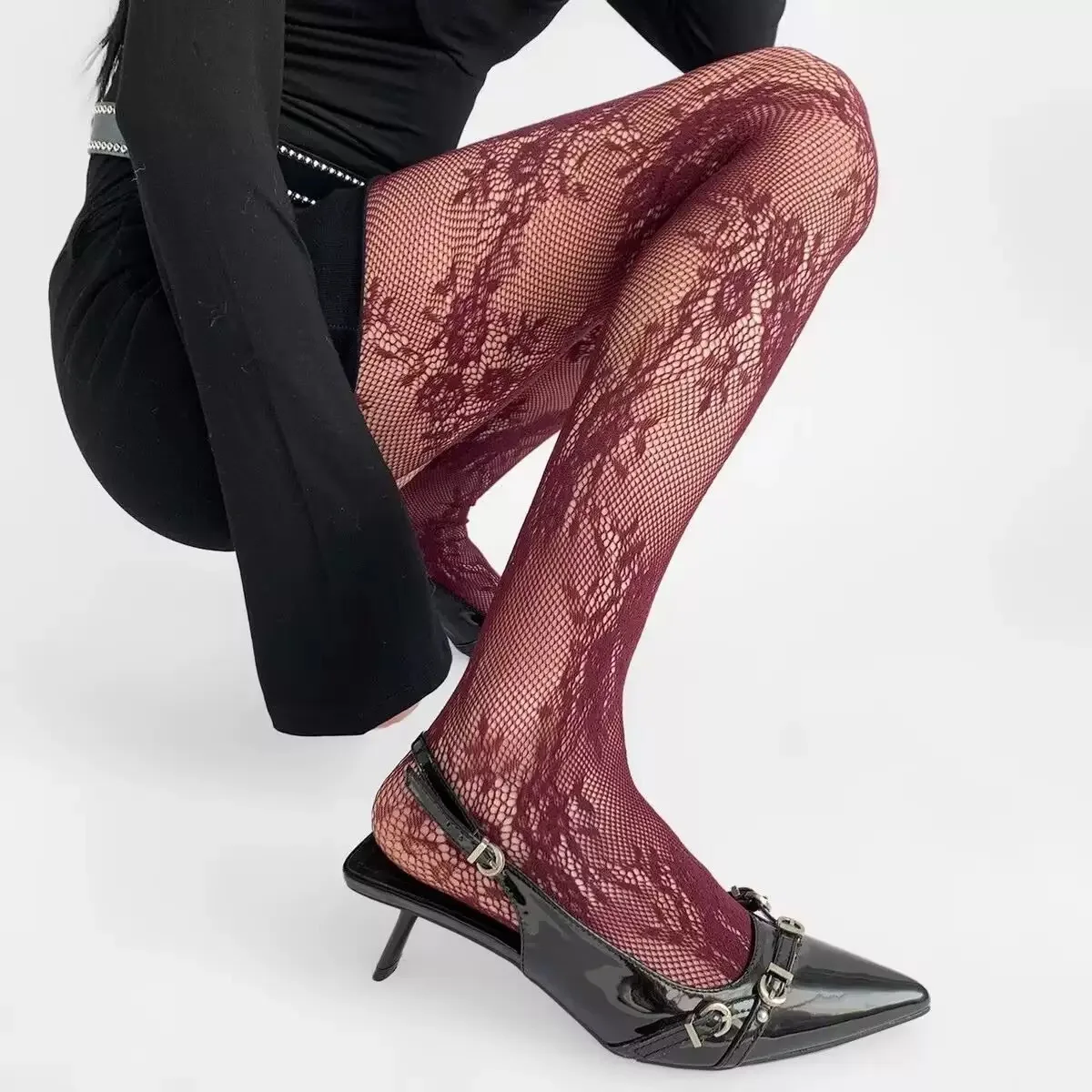 Basic Elegance Butterfly Patterned Tights Solid Sexy Hollowed Out Lace Fishnet Stockings JK High Waist Hosiery Fishnets Sockings