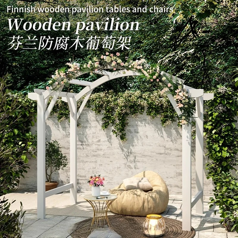 Garden Arch Grape Shelf Outdoor Villa Pavilion Terrace Curved Solid Wood Climbing Vine Shelf Flower Shelf