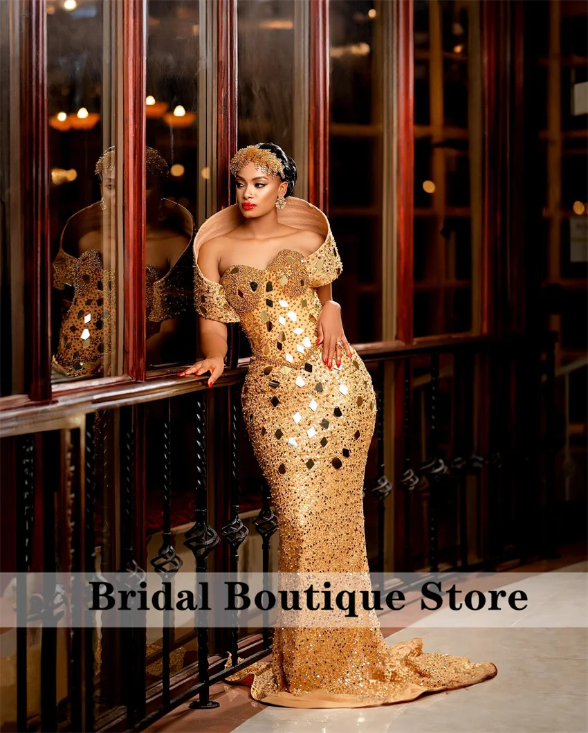 

Sparkly Champagne Prom Dress Off Shoulder Pearls Beading Crystals African Birthday Party Evening Gowns Wedding Gown