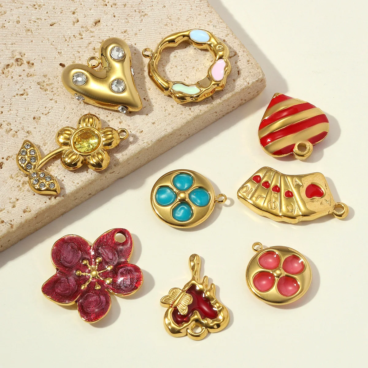 3pcs/Lot Stainless Steel Rhinestone Flower Clover DIY Charm Enamel Poker Heart Necklace Pendant Butterfly Shoe Accessory Wholesa